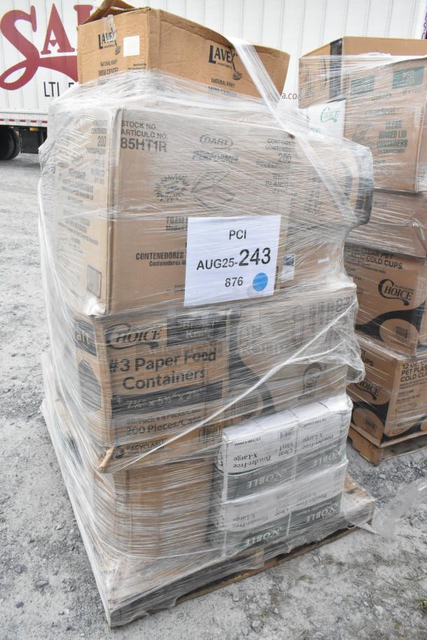 Shrink-wrapped pallet of 30 brand new "scratch and dent" items, including towels, gloves, and cold cups. Various box labels visible, indicating paper food containers and plastic cups. Pallet marked PCI AUG25-243.
