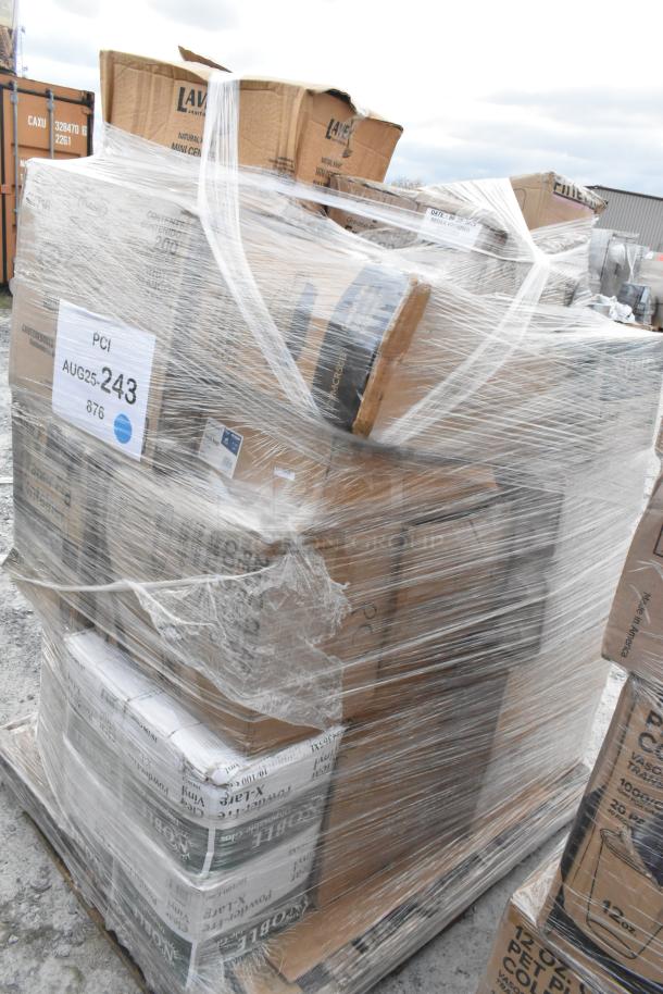 Plastic-wrapped pallet of mixed items, including towels, gloves, bags, and cups. Boxes marked "PCI AUG25 243" and brand labels visible.