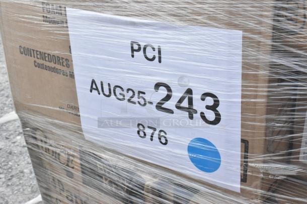 Pallet wrapped with plastic, labeled "PCI AUG25-243 876," containing assorted new scratch and dent items.