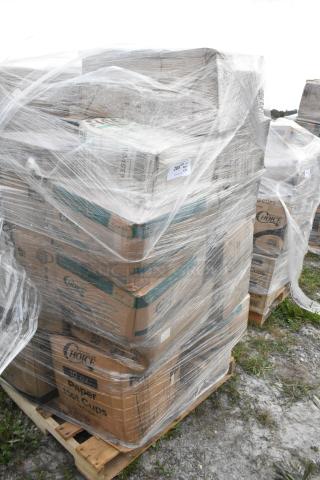 Pallet of wrapped boxes labeled "Choice Paper Hot Cups," includes takeout boxes, containers, cold cups, and gloves, marked as scratch and dent.