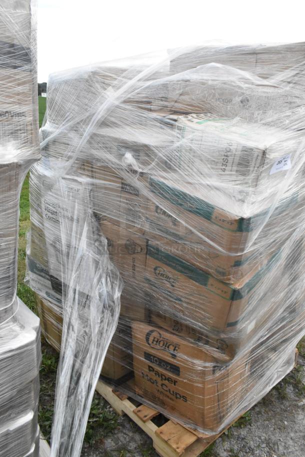 Pallet of 32 new, scratch-and-dent items, including takeout boxes, containers, and cups, wrapped in plastic film.
