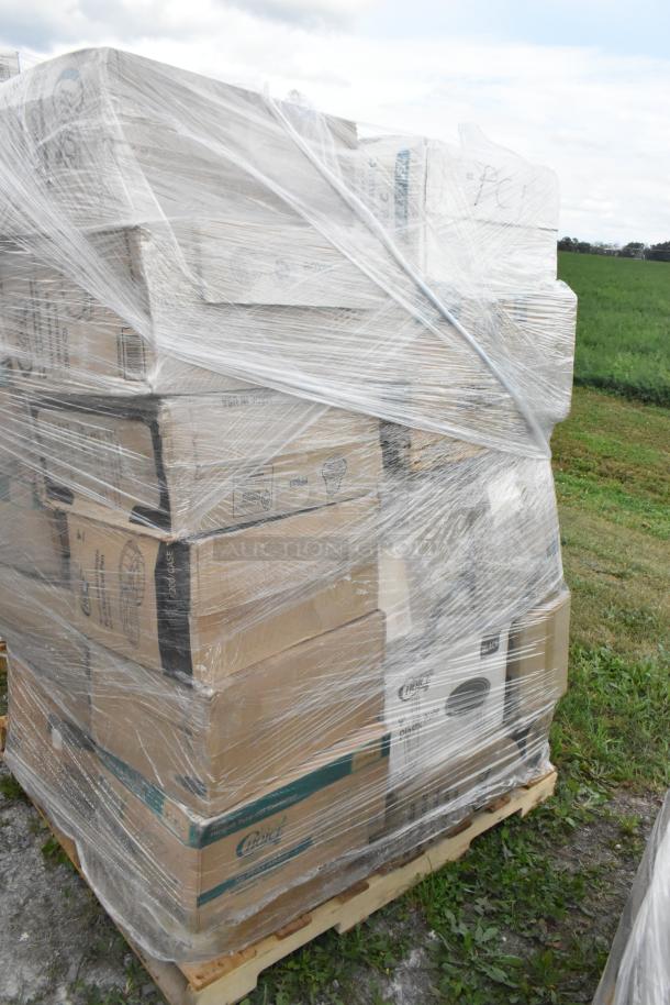 Pallet of 32 brand new scratch and dent items, including take out boxes and containers, wrapped in plastic for auction.