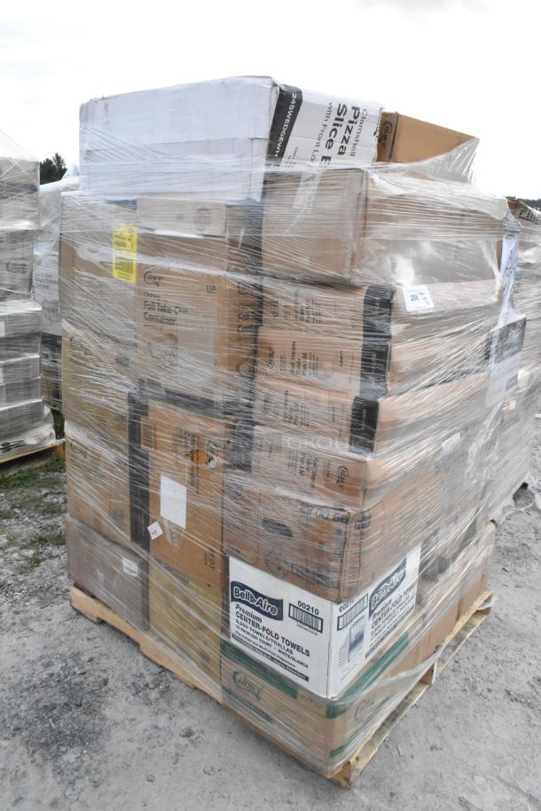 Stacked pallets with 31 new scratch and dent items, wrapped in plastic. Includes containers, portion cups, plates.