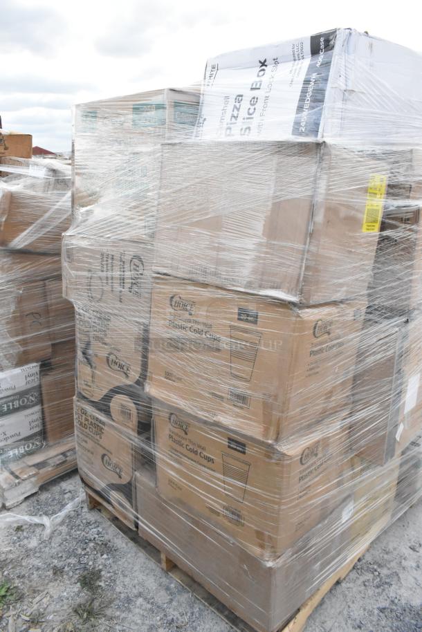 Pallet of boxed new scratch and dent items; includes containers, portion cups, plates, and plasticware.