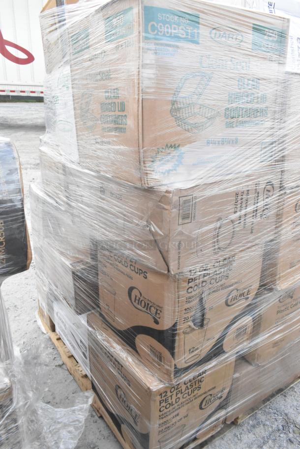 Stacked pallets of brand new scratch and dent containers, portion cups, plates, and plasticware, shrink-wrapped.