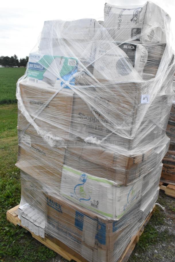Pallet of 35 brand new scratch and dent items, shrink-wrapped, including paper bags, towels, plates, and a popcorn bucket.
