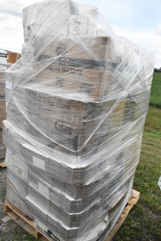 Pallet of 35 new scratch and dent items; includes paper bags, towels, popcorn bucket, plastic plate. Boxed and shrink-wrapped.