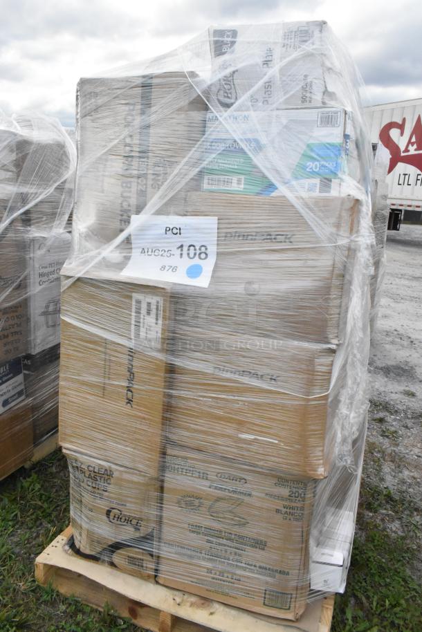 Pallet of 35 items shrink-wrapped, including paper bags, towels, popcorn bucket, and plastic plate. Box labels visible.