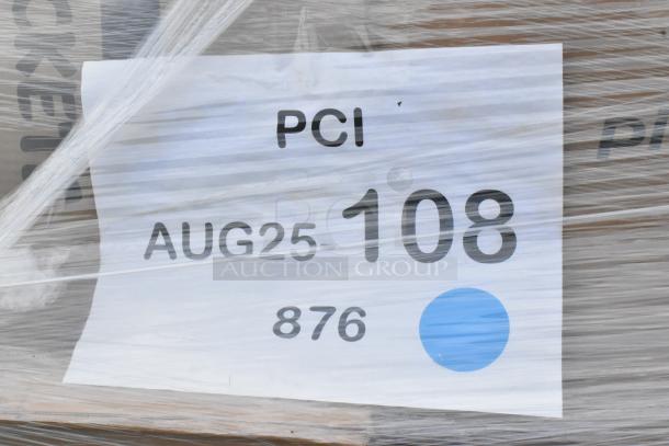 Pallet wrapped in plastic, labeled "PCI AUG25 108 876" with blue dot, containing 35 scratch and dent items.