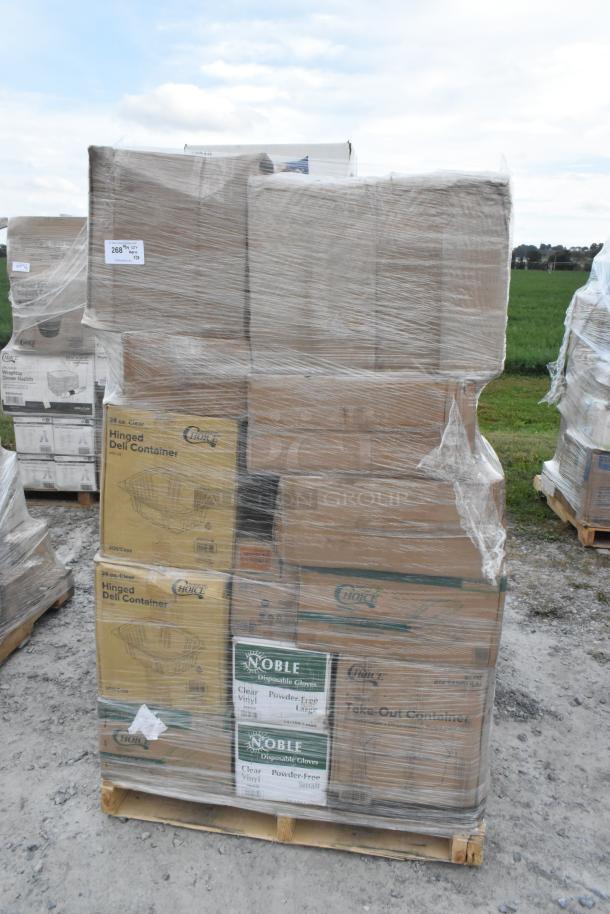 Pallet of 28 new scratch and dent items, including Choice take-out lids, containers, Noble gloves, wrapped for auction.