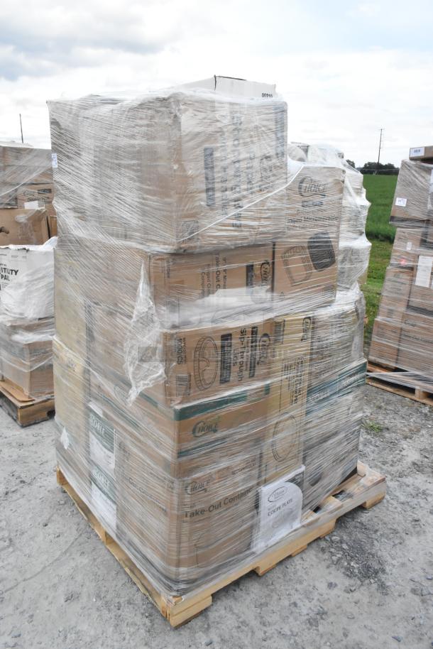Pallet of 28 new scratch and dent items wrapped in plastic, containing recycling bags, towels, take-out lids, and containers.