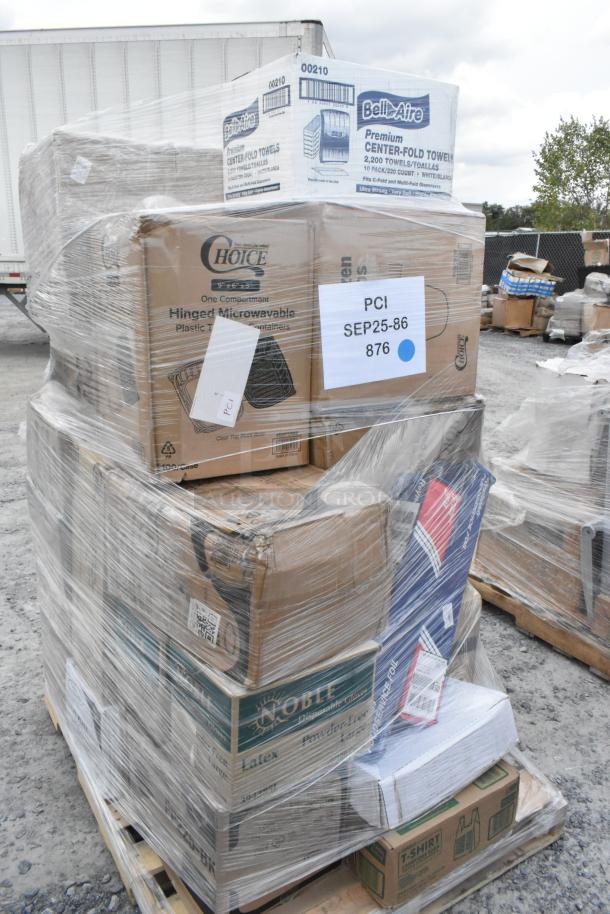 Pallet of 28 brand new scratch and dent items including recycling bags, towels, take-out lids, and containers, wrapped in plastic.