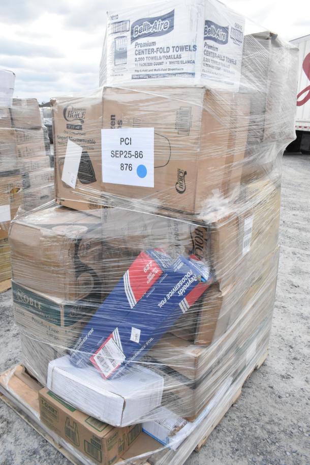 Pallet of 28 scratch and dent items including Bell-Aire towels, takeout lids, and containers wrapped in plastic for auction.
