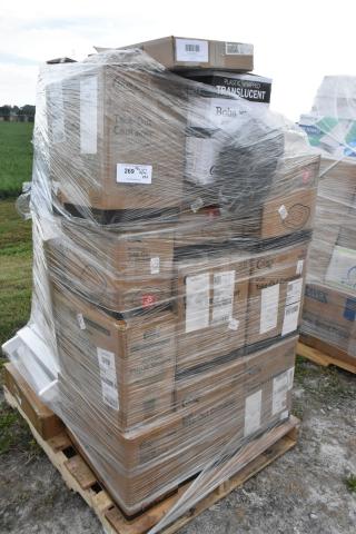 Pallet with 30 brand new scratch and dent items, including straws, muffin containers, chair, drain tray, wrapped in plastic.