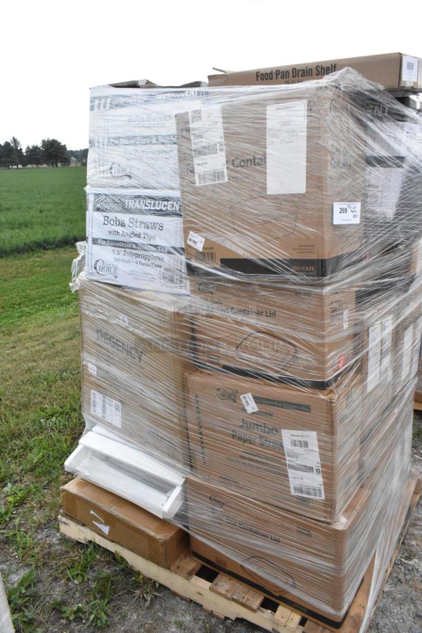 Pallet of brand new scratch and dent items, including straws, muffin containers, chair, and drain tray. Wrapped and labeled boxes.