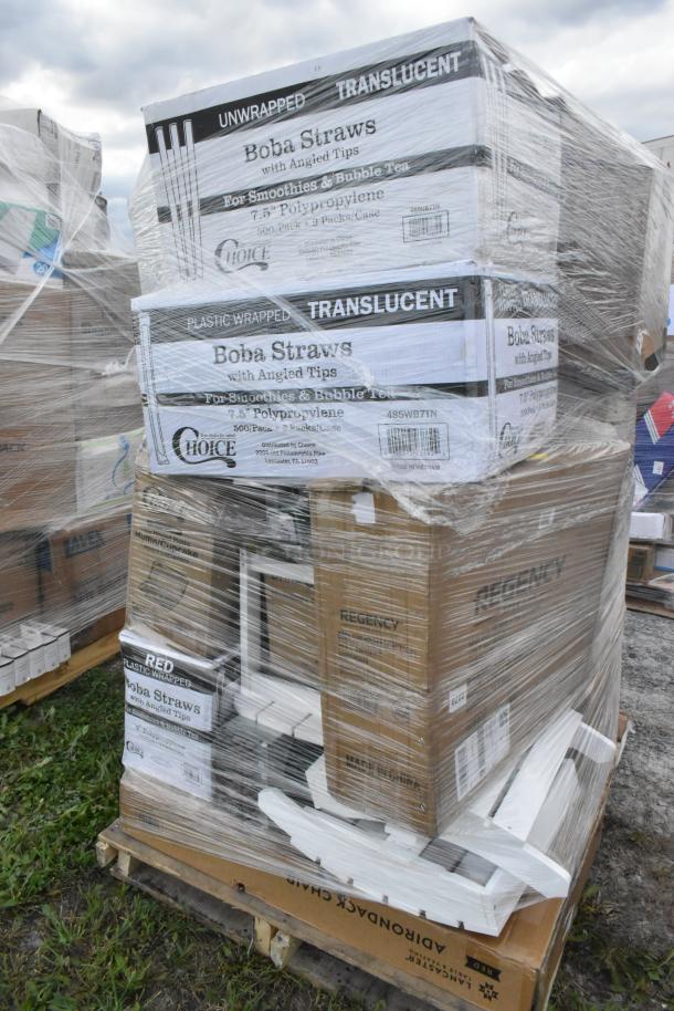 Pallet of wrapped items including Boba straws, muffin containers, chair, and drain tray. Various condition, some scratch and dent.