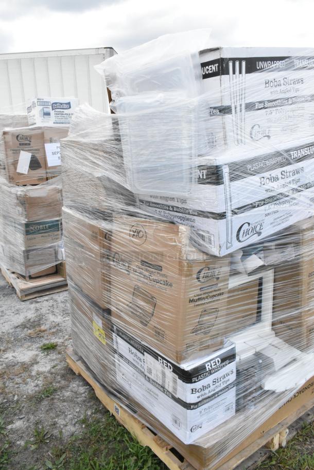 Pallet of 30 brand new scratch-and-dent items, including boxes of boba straws, muffin containers, and a drain tray, wrapped in plastic.