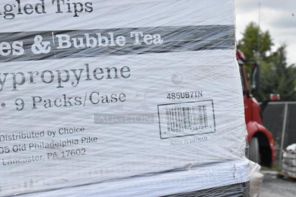 Shrink-wrapped boxes labeled for bubble tea supplies, 9 packs per case, distributed by Choice, made in Vietnam.