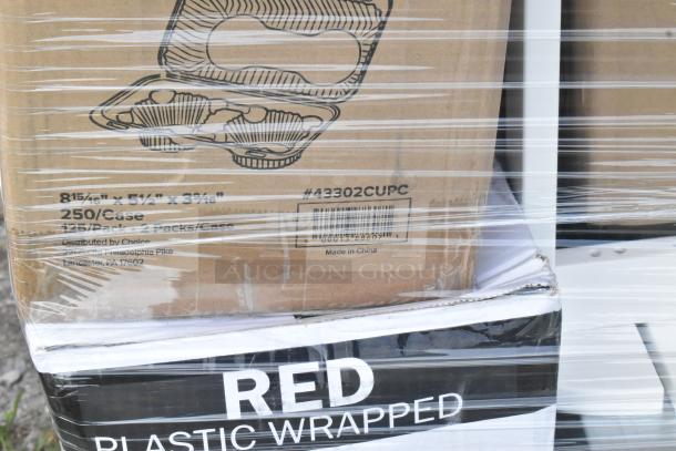 Shrink-wrapped pallet with cardboard boxes labeled "250/Case," "Made in China." Contains muffin containers and red plastic wrap.