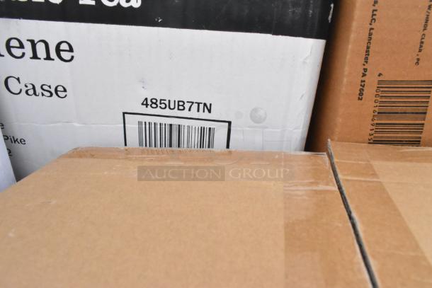 Cardboard boxes containing a mixed lot of 30 new scratch and dent items including straws, muffin containers, and more. Barcode visible.