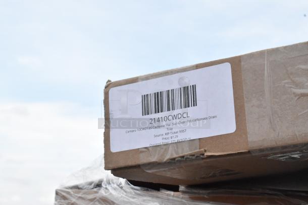 Box with label showing barcode, item number 21410CWDCL, and description: Cambro Camwear Polycarbonate Drain Tray.