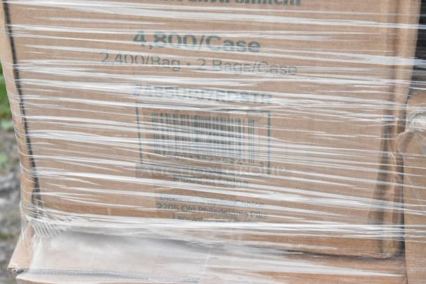 Boxes of assorted items wrapped in plastic, labeled "4,800/Case" and "Made in China." Includes straws and muffin containers.