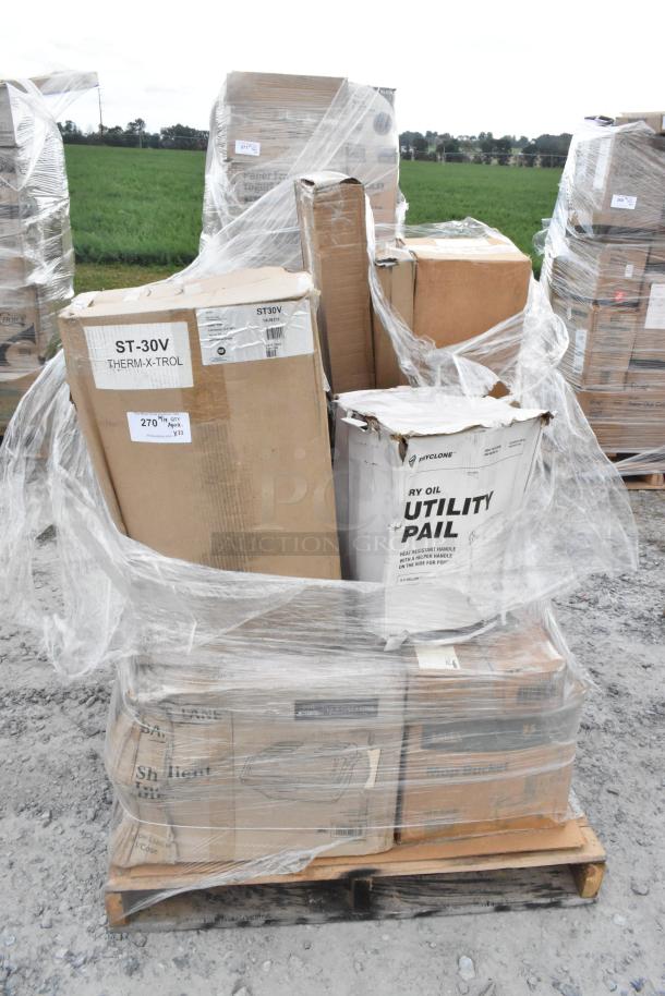 Pallet of 22 new scratch and dent items, including boxes labeled ST-30V Therm-X-Trol and Utility Pail.