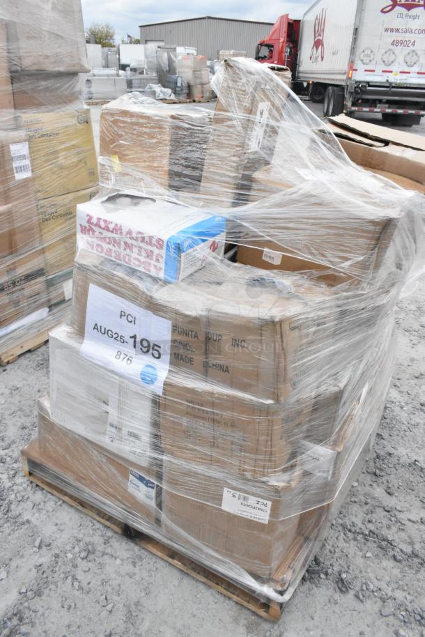 Pallet of 22 new scratch and dent items, including saucers, towel dispenser, jars, faucets, wrapped in plastic.