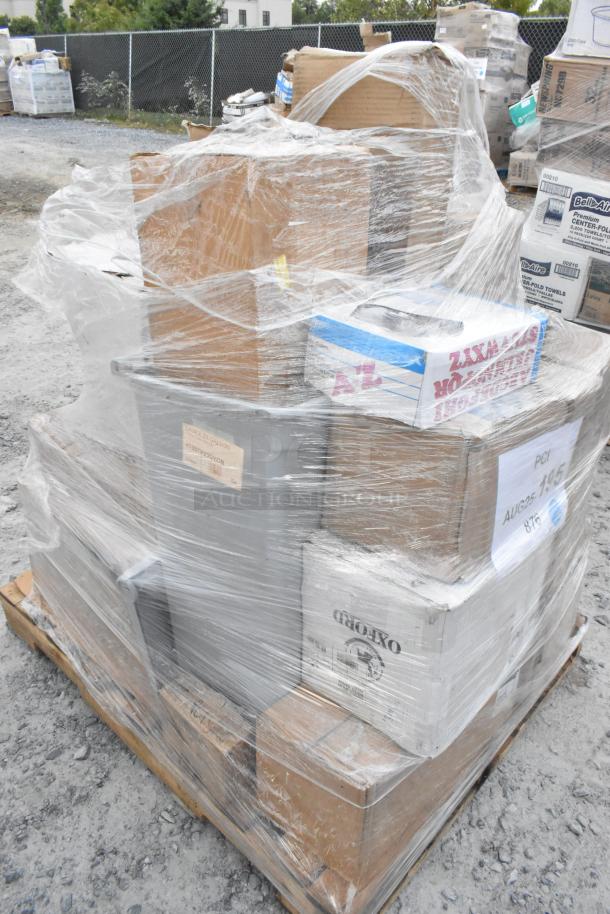 Pallet of 22 brand new items wrapped in plastic, includes saucers, towel dispenser, glass jars, faucets, squeegees.