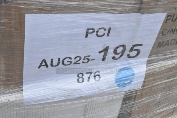 Pallet with 22 scratch and dent items, including saucers, towel dispenser, faucets, squeegees. Label: "PCI AUG25-195 876".