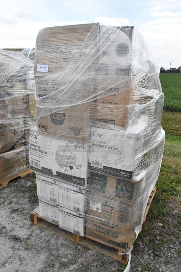 Pallet of assorted scratch and dent items, including gloves, containers, cookie bags, and plates, wrapped in plastic.