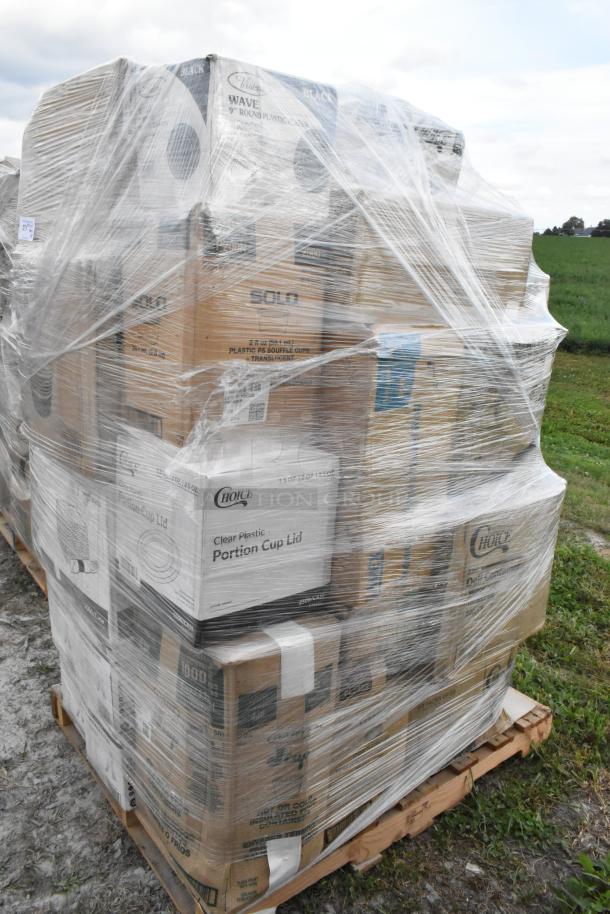 Pallet of 32 brand new scratch and dent items wrapped in plastic. Includes boxes of gloves, containers, lids, and plates.