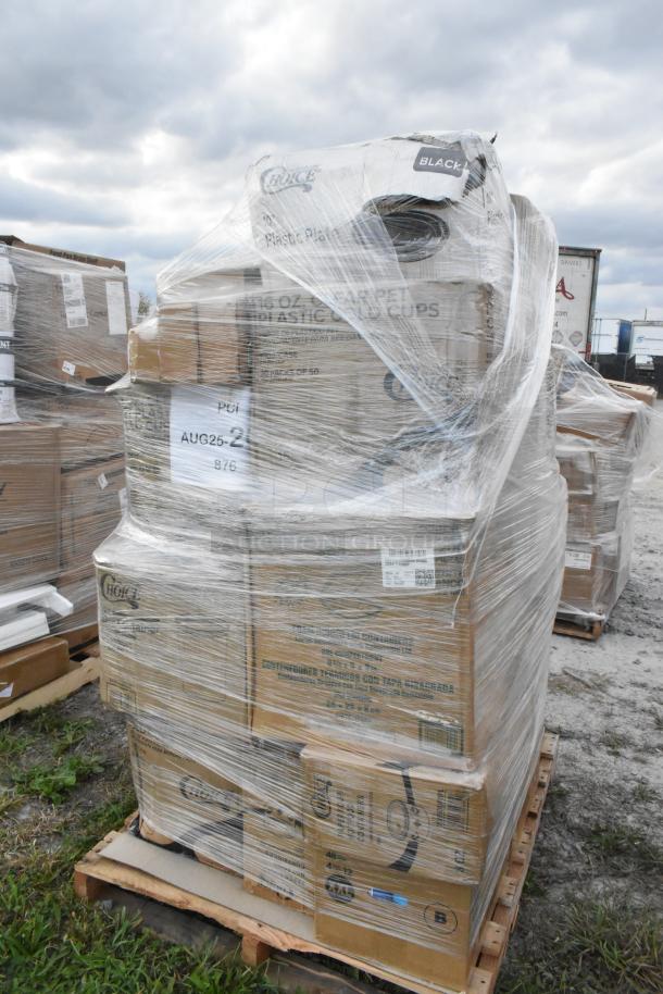 Pallet of brand new scratch and dent items, including gloves, containers, cookie bags, plates, wrapped in plastic.