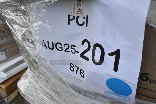 Bundle of 32 new scratch and dent items, including gloves, containers, cookie bags, plates, wrapped in plastic with visible tags.