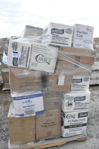 Pallet of scratch and dent items including cup carriers, hot cups, plates, and food containers in original packaging.