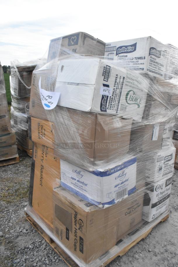 Pallet of 29 new scratch-and-dent items, including cup carriers, produce baskets, hot cups, plates, and containers.