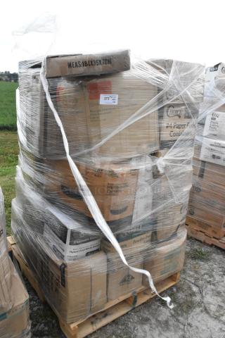 Pallet of 36 brand new items, including containers and gloves, wrapped in plastic. Some visible box markings include "Choice" and dimensions.