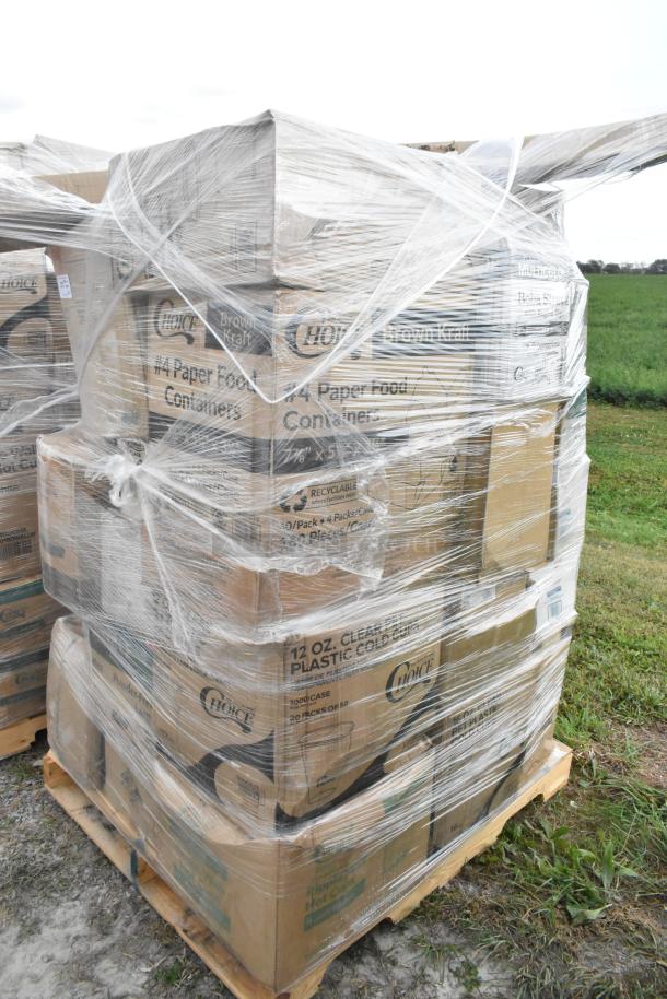 Plastic-wrapped pallet with boxed containers; items include gloves, can liners. Scratch and dent, 36-brand new items.