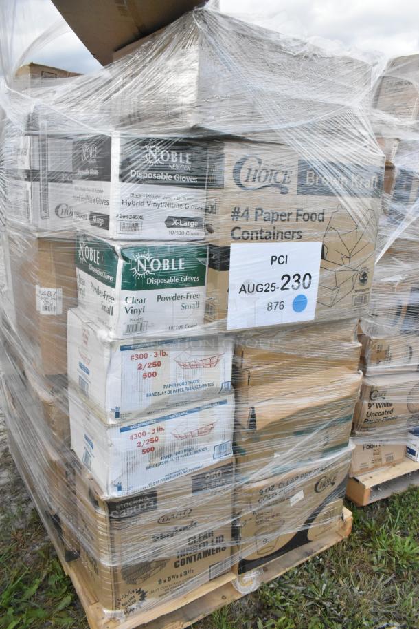 Shrink-wrapped pallet of assorted scratch and dent items, including Noble Gloves and Choice Paper Food Containers, labeled "PCI AUG25-230."