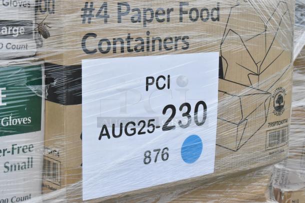 Stack of boxed items labeled "#4 Paper Food Containers" and "Gloves," wrapped in plastic. Marked with "PCI AUG25-230."