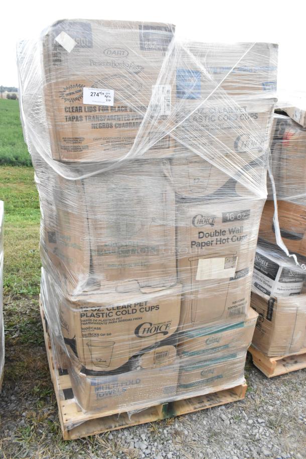 Pallet of new scratch and dent items including gloves, lids, towels, napkins, and cold cups, wrapped in plastic.