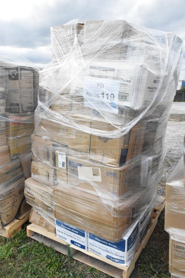 Pallet of 40 scratch and dent items including gloves, lids, towels, napkins, cold cups, wrapped in clear plastic for auction.