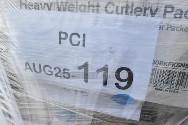 Pallet of assorted items including gloves, lids, towels, napkins, and cold cups in original packaging. Label: PCI, AUG25-119.