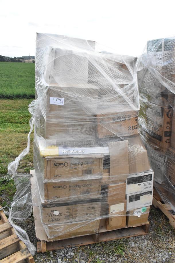 Pallet of 24 new scratch and dent items, including Acopa mixing glasses, rice cooker, and cart, wrapped in plastic.