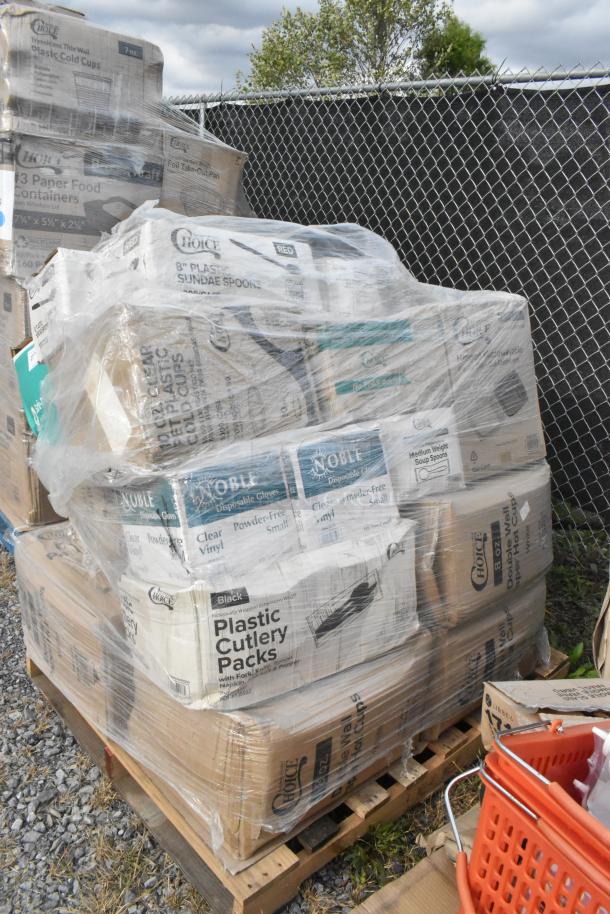 Shrink-wrapped pallet with boxes of Choice plastic cutlery, disposable gloves, and hot cups. Brand new, minor damage.