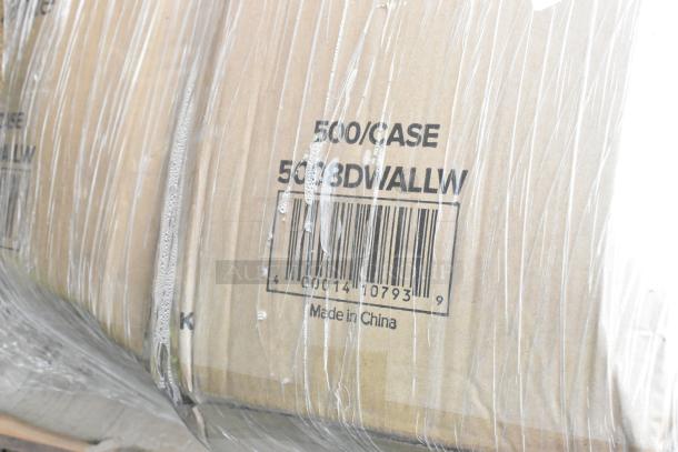 Pallet with 16 scratch and dent items, including hot cups and containers. Box marked "500/CASE" and "Made in China."