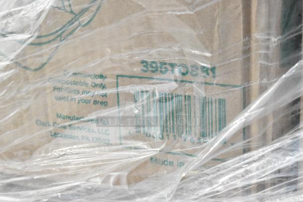 Close-up of scratch and dent item packaging with barcode 395TO881. Marked "Commercially Compostable Only" and "Manufactured for Clark Food Services, LLC, Lancaster, PA 17602."