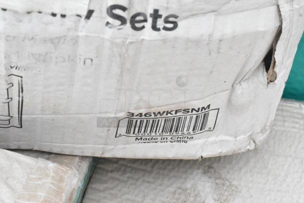 Damaged box with barcode 346WKFSNM, labeled "Made in China." Contains 16 new scratch and dent items like cups and spoons.