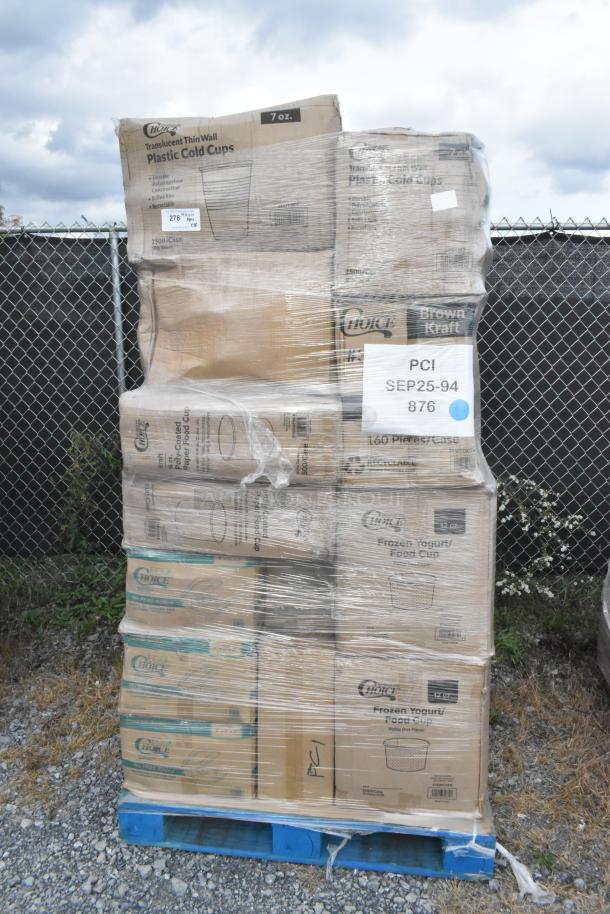 Pallet of 38 new scratch and dent items, including drink carriers, hairnet caps, and deli containers. Visible labels detail contents.