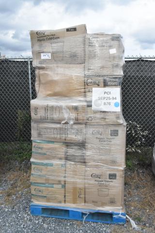 Pallet of 38 new scratch and dent items, including drink carriers, hairnet caps, and deli containers. Visible labels detail contents.